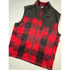 VTG Lands End Mens Red Black Buffalo Plaid Fleece Vest Medium Zip Front Pockets